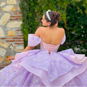 Purple Butterflies Appliques Quinceanera Dress with Detachable Train
