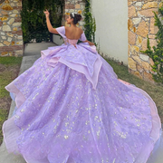 Purple Butterflies Appliques Quinceanera Dress with Detachable Train
