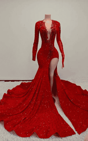 Royal Blue Sequin Long Sleeve Mermaid Prom Dress Luxury Evening Gown