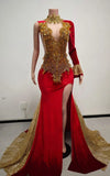 Elegant Red With Gold Crystal Rhinestones Train Prom Dress with High-Neck Choker