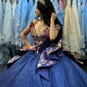 Charro Ruffles Blue Floral Embroidery Quinceanera Dress