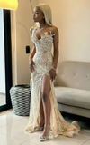 Sweetheart rhinestone beaded mermaid prom gown with sparkling rhinestones and elegant beaded details.