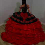 Vintage Black And Red Organza Charro Quinceanera Dress with Ruffles