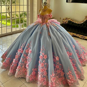 3d Flower appliques Blue Beaded Crystals Quinceanera Dress