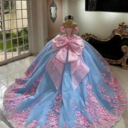 3d Flower appliques Blue Beaded Crystals Quinceanera Dress