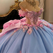 3d Flower appliques Blue Beaded Crystals Quinceanera Dress