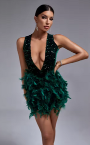 Deep V neck green sequin cocktail dress with sexy open back and ostrich feather trim – glamorous party and club dress for women