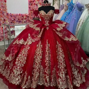 Wine Red Quinceanera Dresses With Gold Applique Lace Crystal Beading