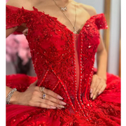 Red Crystal  Ball Gown Quinceañera Dress Beads Flowers Appliques