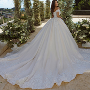 A Line Boat Neck Wedding Dresses Floor Length Beaded Lace Appliques Bridal Gowns with Cathedral Train