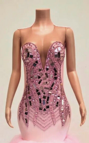 Angela Pink Rhinestone Mermaid Ruffle Prom Gown with Split