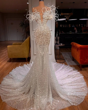 Shiny pearls beaded sequin prom dress elegant sparkly gown for women.