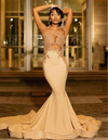 Luxury Gold Sparkly Beaded Applique Sleeveless Glitter Mermaid Prom Dress