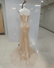 Champagne Nude Crystal Fringe Mesh Mermaid Gown