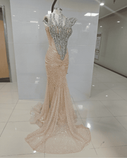 Champagne Nude Crystal Fringe Mesh Mermaid Gown