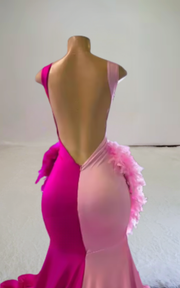 Two-tone rose red and pink feather rhinestone ball gown prom dress for women.