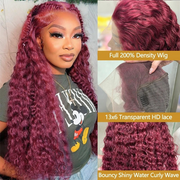 Burgundy water wave human hair wig – 13x6 HD lace front 200% density wig in 28, 30, 38 inch lengths, full natural human hair