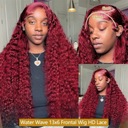 Burgundy water wave human hair wig – 13x6 HD lace front 200% density wig in 28, 30, 38 inch lengths, full natural human hair