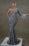Amara one-shoulder gray sequin gown with feather details, elegant long evening dress for parties and formal occasions.