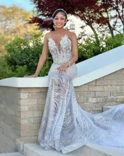 Sheer neck silver crystal mermaid prom dress elegant evening gown.