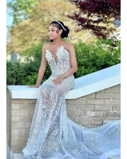 Sheer neck silver crystal mermaid prom dress elegant evening gown.