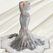 Silver Feathered Prom Dress