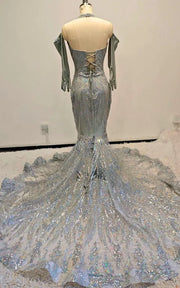 Ethereal Silver Crystal Mermaid Gown with Halter Bodice and Detachable Hooded Cape