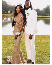 Exquisite gold sequined prom dress for women, elegant evening gown.