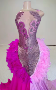 Two-tone rose red and pink feather rhinestone ball gown prom dress for women.