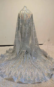 Ethereal Silver Crystal Mermaid Gown with Halter Bodice and Detachable Hooded Cape
