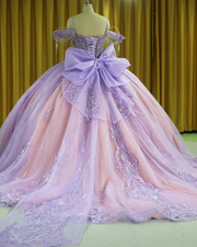 Lavender Quinceañera ball gown with sparkle tulle skirt and crystal embellished bodice