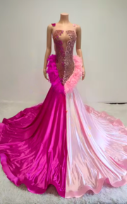 Two-tone rose red and pink feather rhinestone ball gown prom dress for women.