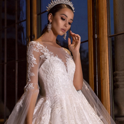 A Line Scoop Neck Lace Wedding Dress with Chapel Train