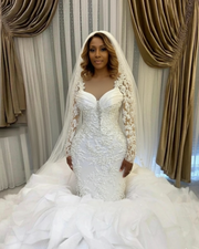 Vintage Mermaid Full Sleeves Pearly Applique Tiered Ruffled Wedding Dresses