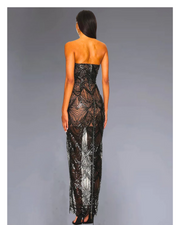 Ayanna strapless luxury sequin beaded party dress with glitter mesh patchwork – elegant sleeveless gown.