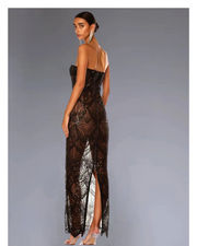 Ayanna strapless luxury sequin beaded party dress with glitter mesh patchwork – elegant sleeveless gown.
