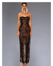 Ayanna strapless luxury sequin beaded party dress with glitter mesh patchwork – elegant sleeveless gown.