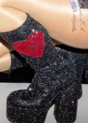 Hollow Heart Shape Glitter Platform Booties Rhinestone Round Toe Chunky Heel Mid-calf Boots Party Show Bling Boots