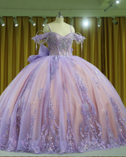 Lavender Quinceañera ball gown with sparkle tulle skirt and crystal embellished bodice