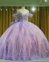 Lavender Quinceañera ball gown with sparkle tulle skirt and crystal embellished bodice