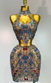 Jayla crystal diamond halter two-piece prom and party set for women.