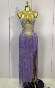 Keisha Sexy Luxury Rhinestones Sequins Tassel Mesh Long Dress