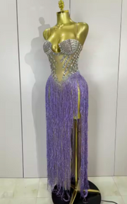 Keisha Sexy Luxury Rhinestones Sequins Tassel Mesh Long Dress