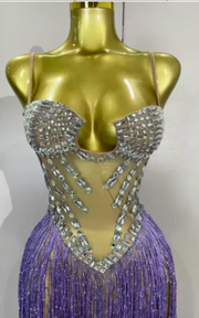 Keisha rhinestones sequins tassel mesh transparent long dress for women birthday prom nightclub evening party stage wear