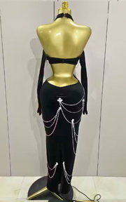 Shondra sparkly diamonds tassel chain black halter backless long dress for women, luxury evening birthday party club stage outfit