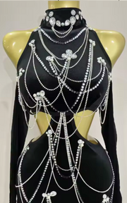 Shondra sparkly diamonds tassel chain black halter backless long dress for women, luxury evening birthday party club stage outfit