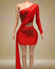 One shoulder mini dress with rhinestones and long sleeve, styled for birthday parties and glamorous evening events.