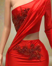 One shoulder mini dress with rhinestones and long sleeve, styled for birthday parties and glamorous evening events.