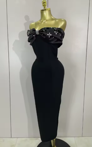 Kehlani off the shoulder beaded long bodycon bandage dress with sparkling bead details and elegant slim fit.