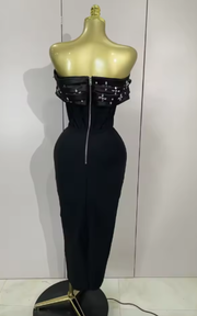 Kehlani off the shoulder beaded long bodycon bandage dress with sparkling bead details and elegant slim fit.